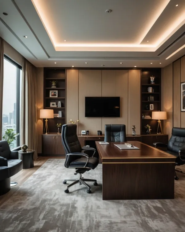 The image depicts a modern executive office or conference room setup