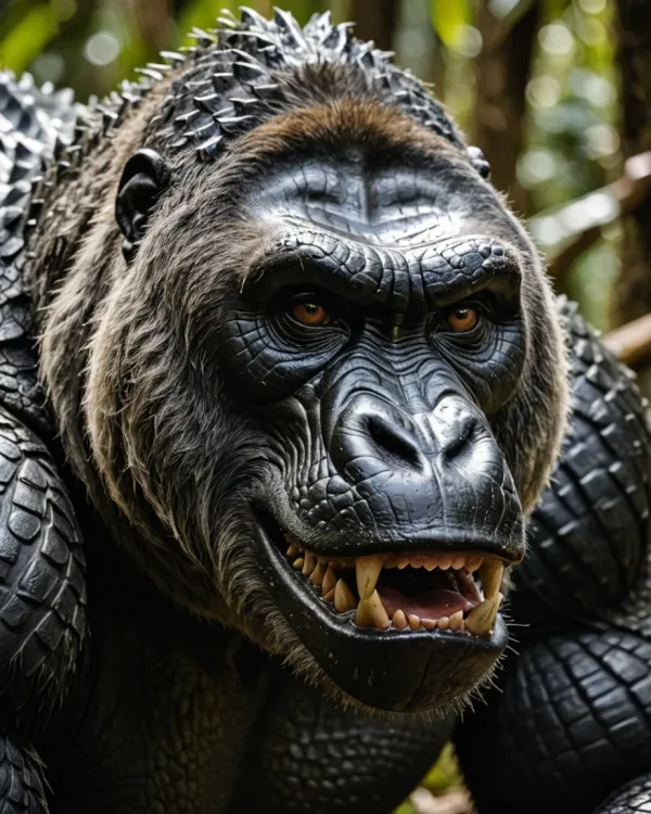 The image depicts a close-up of a creature resembling a gorilla, but with a highly unusual and stylized texture