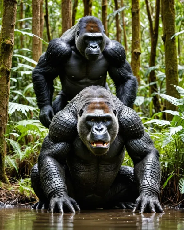 The image depicts two large gorillas posed in a dense forest environment with lush green foliage and trees in the backgr