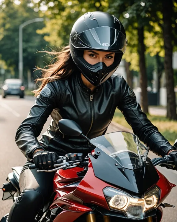 The image depicts a woman wearing a black motorcycle helmet and a black leather jacket, riding a red motorcycle on a tre