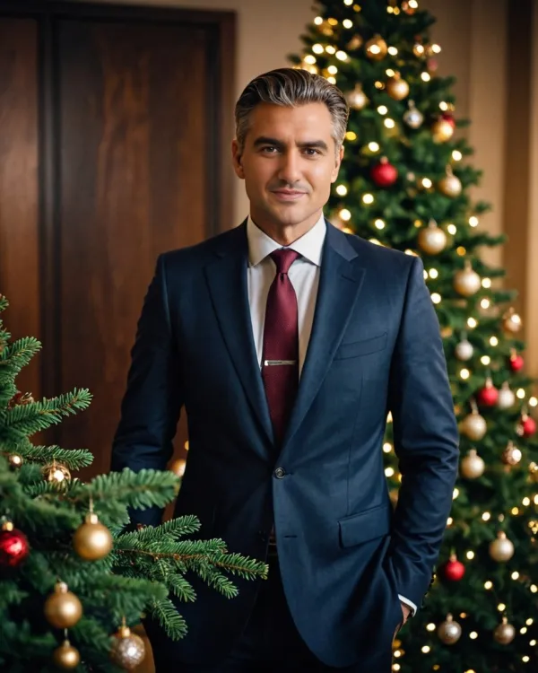 The image depicts a well-dressed middle-aged man in a formal dark blue suit with a white shirt and maroon tie standing i