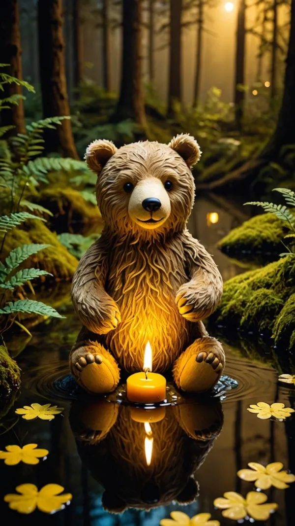 A stylized, plush bear sitting in shallow water, holding or positioned behind a lit orange candle. The bear has