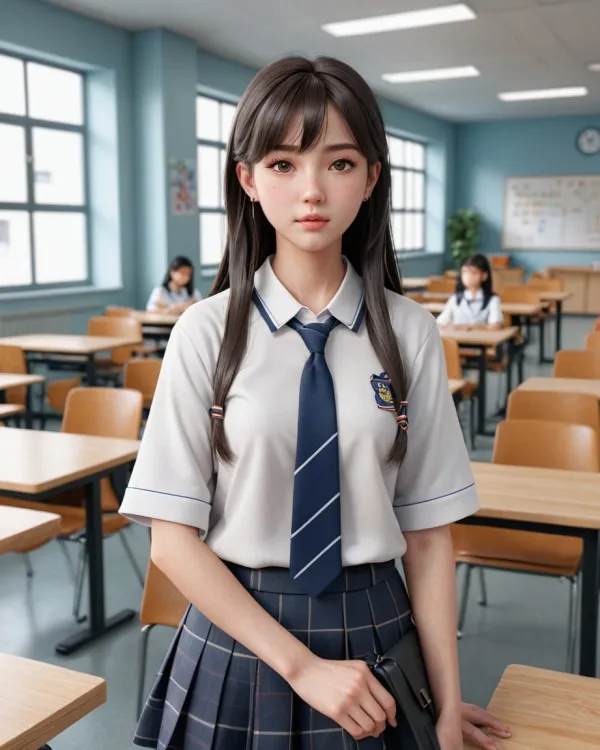 The image depicts a young female student in a classroom setting. The style is hyper-realistic digital art with a focus o