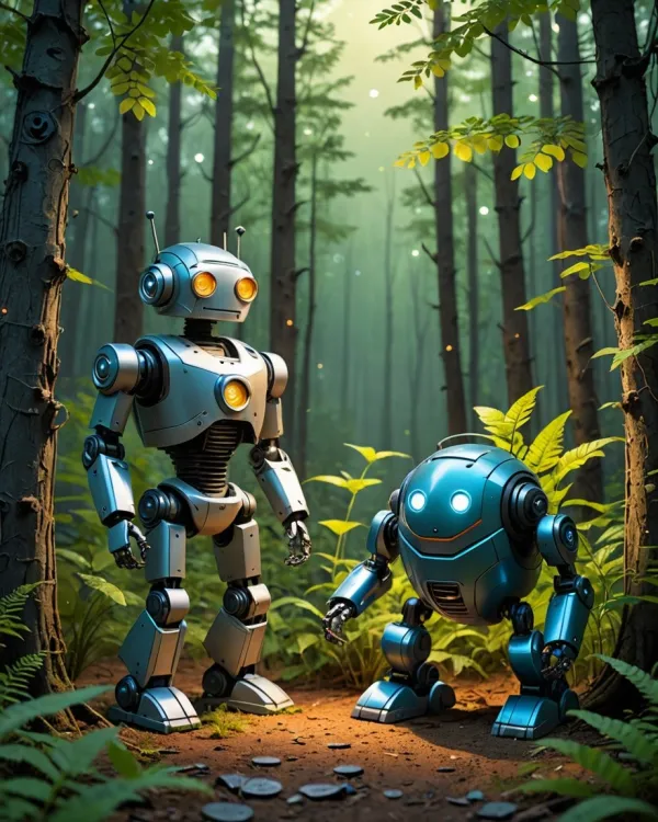 The image depicts two robots in a forest setting