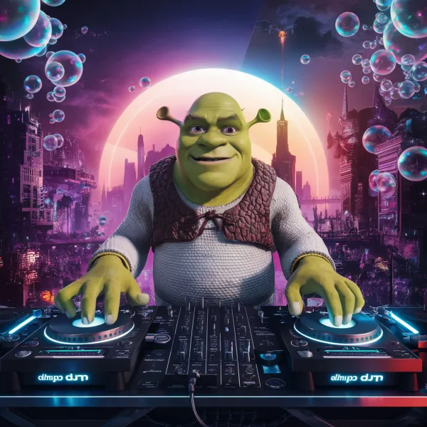 The image depicts a digitally rendered character resembling Shrek positioned as a DJ at a professional DJ controller set