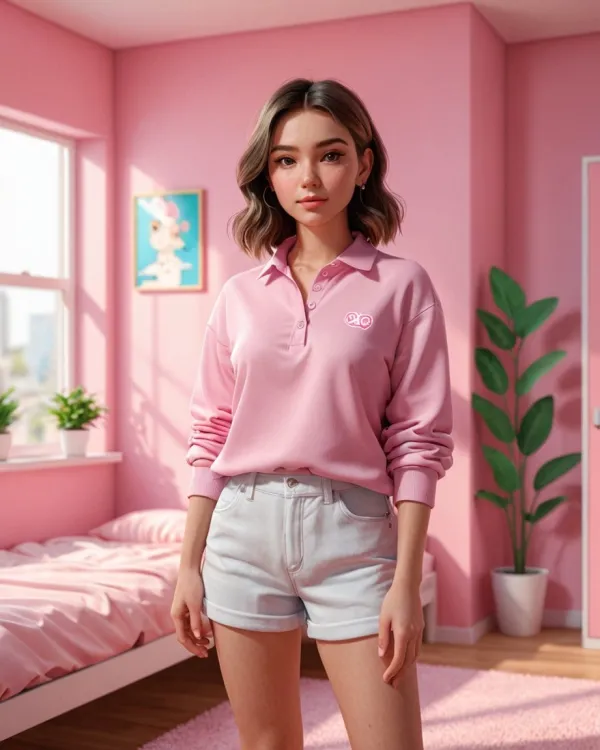 The image depicts a young woman standing in a brightly lit, pastel pink-themed bedroom