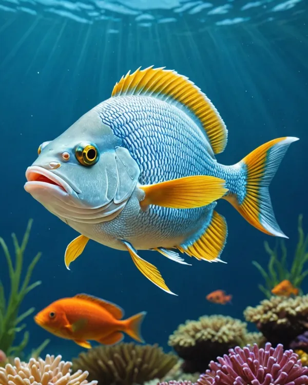 The image depicts an underwater scene with a large, prominently featured fish as the subject