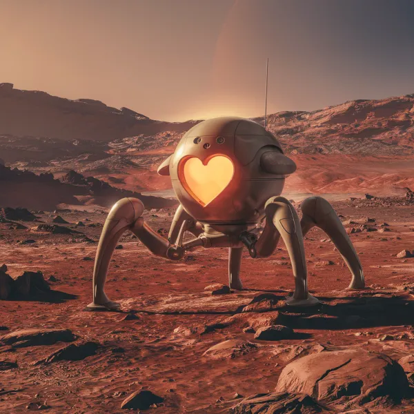 The image depicts a futuristic robotic device with a spherical main body and four articulated legs standing on a rocky,