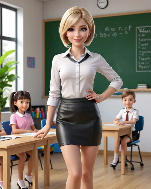 The image depicts a digitally rendered classroom scene featuring a young female teacher in the foreground and two childr