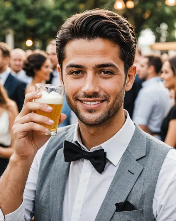 The image depicts a well-dressed young man holding a glass of beer with a foamy head, smiling directly at the camera. Th