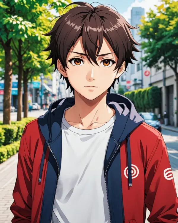 The image depicts a young male character in an outdoor urban setting. The style is anime-inspired, characterized by clea