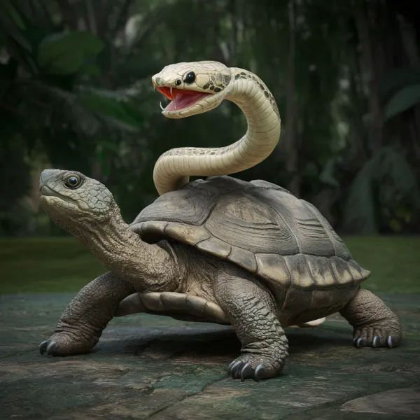 This image features a surreal creature composed of a realistic turtle body with a snake emerging from its shell instead