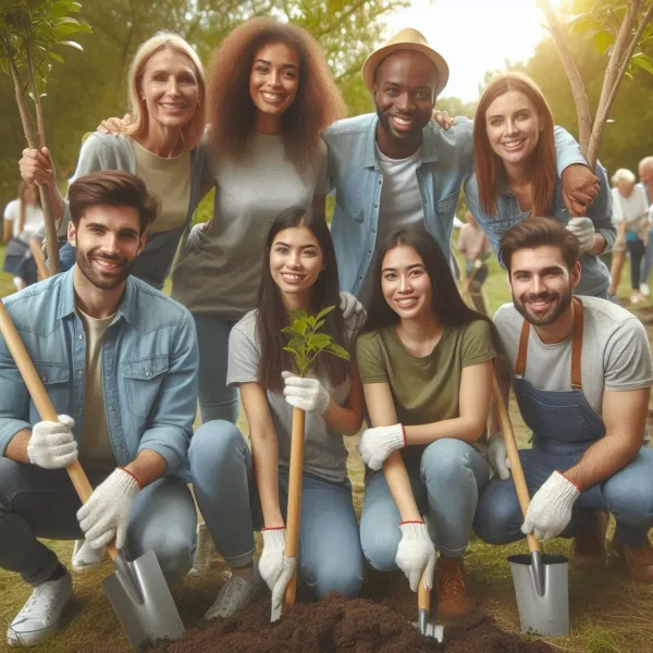 The image depicts a group of eight diverse young adults outdoors, engaging in a tree-planting activity