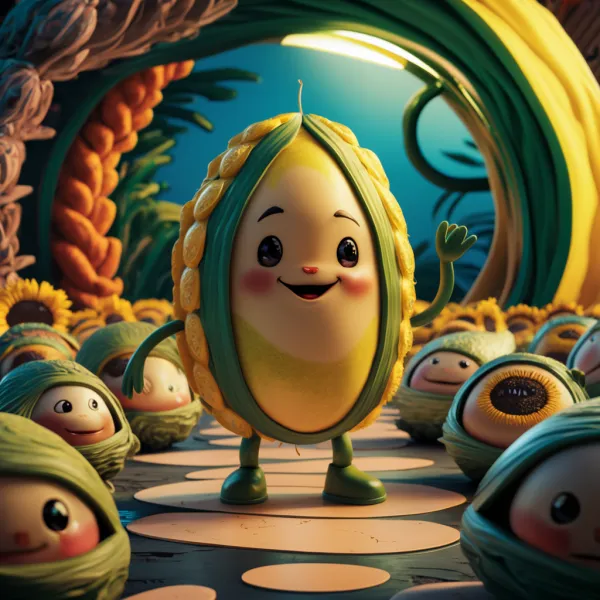 The image depicts a group of anthropomorphic vegetable-like characters in a whimsical, animated style