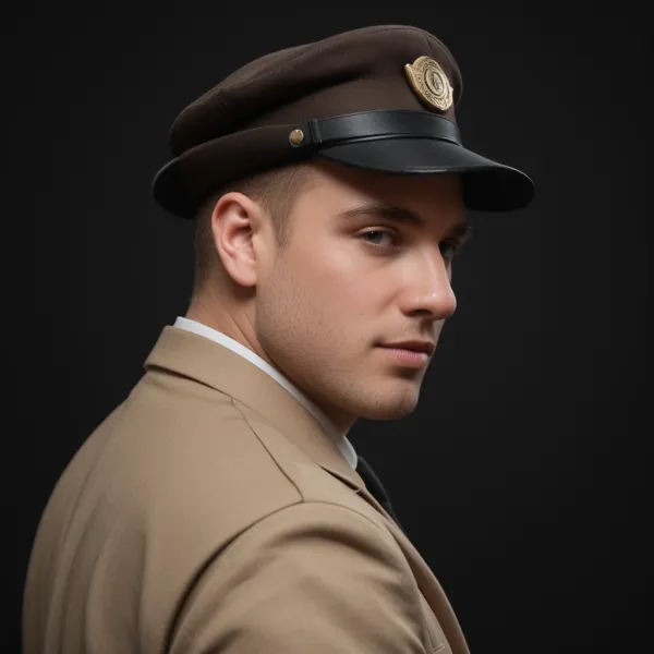 The image features a young man dressed in a beige uniform jacket and a brown peaked cap with an insignia, suggesting a m