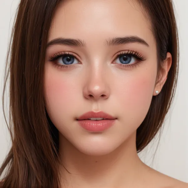 The image depicts a close-up portrait of a young woman with fair skin, blue eyes, and long brown hair