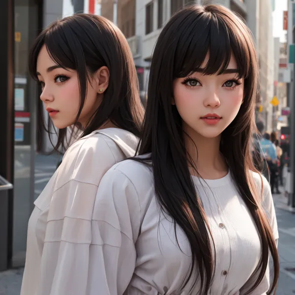 The image depicts two young women standing back-to-back on a city street