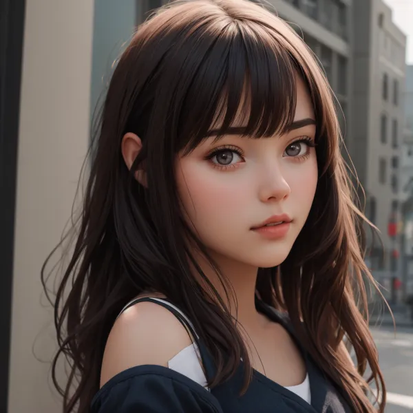 The image features a close-up portrait of a young woman with long brown hair and bangs, styled realistically yet with a