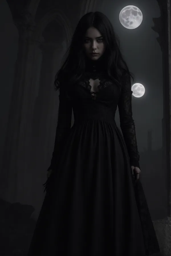The image depicts a dark, gothic-style scene featuring a young woman with long black hair wearing a long black dress wit
