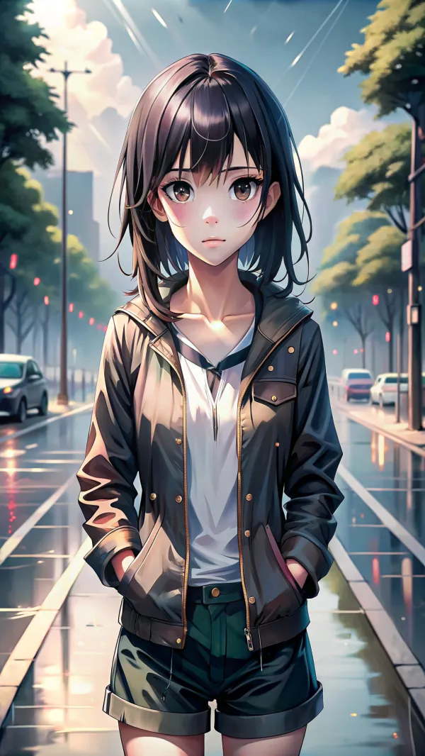 The image depicts a young female character in an urban street setting, rendered in a highly detailed anime or digital pa