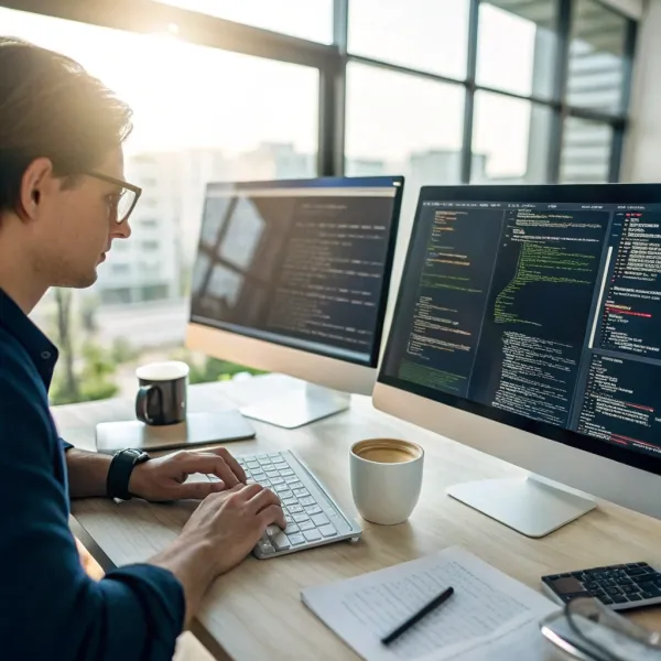 The image depicts a young man working at a tidy desk with a dual-monitor setup displaying lines of code, suggesting a so
