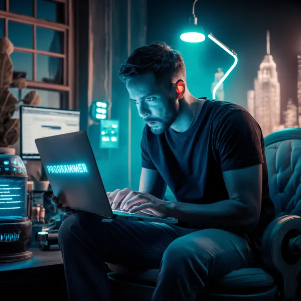 The image shows a young man intently working on a laptop labeled "PROGRAMMER," seated in a modern, dimly lit in