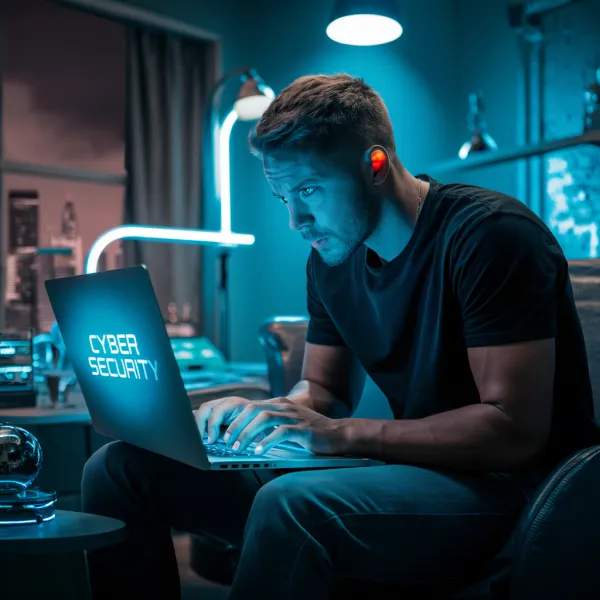 The image depicts a young man intensely focused on a laptop displaying the words "CYBER SECURITY