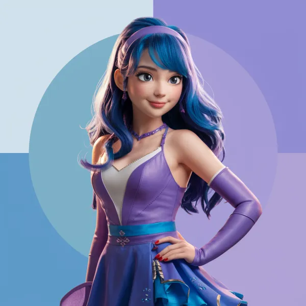 The image depicts a 3D-rendered female character with striking blue hair, styled with a headband, and wearing a purple a