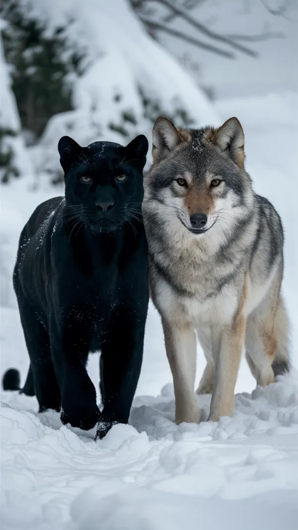 Panther and Wolf in Snow