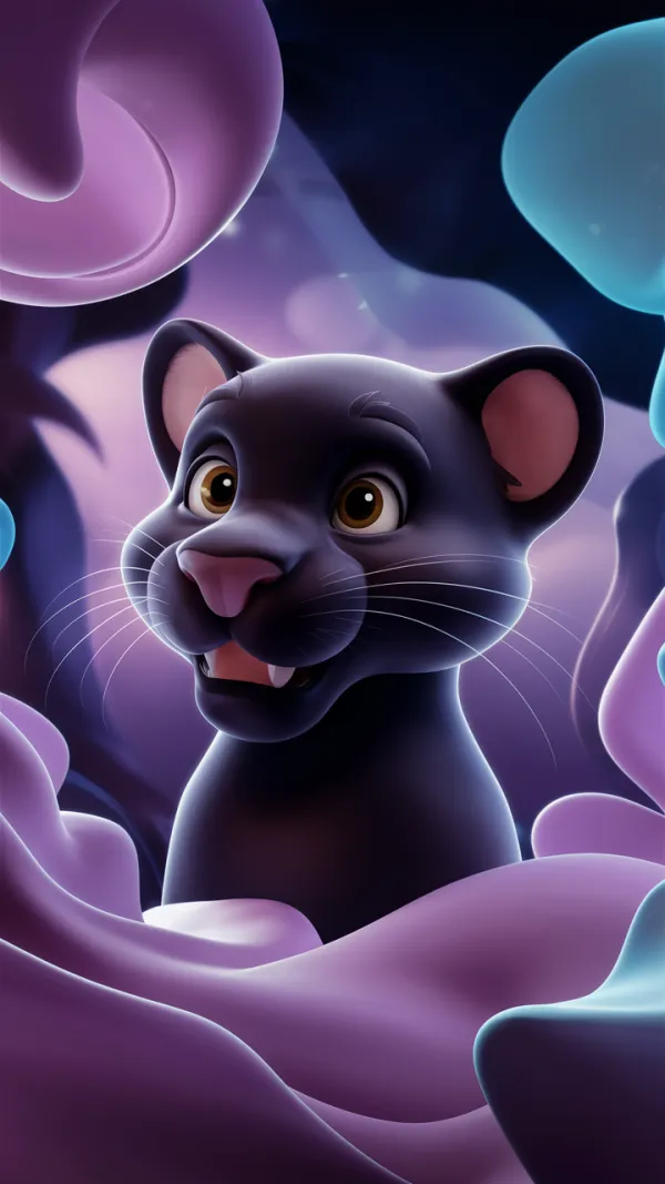 The image depicts a stylized animated black panther cub with large, expressive brown eyes and a slightly open mouth show