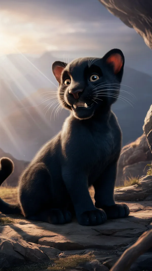 The image depicts a young black panther cub sitting on rocky terrain with a slightly open mouth showing small fangs, lar