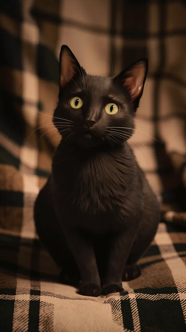 The image features a black cat sitting on a checkered fabric, looking directly at the camera with wide, alert e