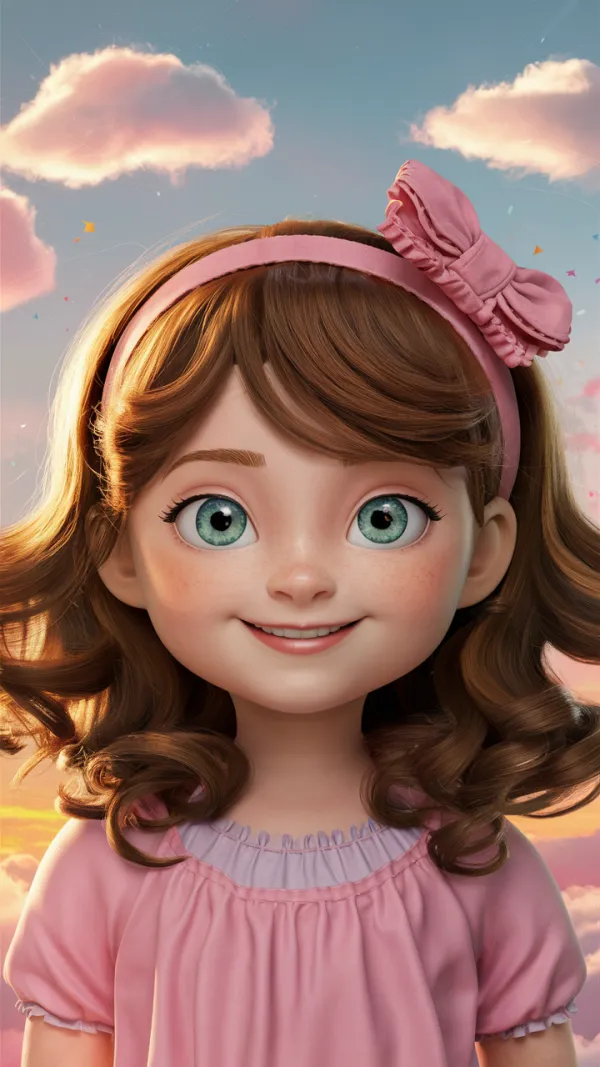 The image depicts a digitally rendered young girl with large blue eyes, auburn curly hair, and a pink headband with a bo