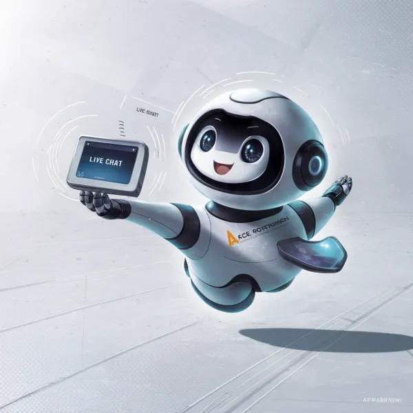 The image depicts a cute, futuristic robot character with a rounded, white and black body and large expressive eyes, con