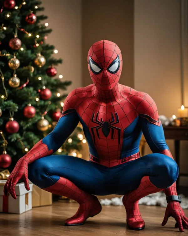 The image depicts a person dressed as Spider-Man in a squatting pose, centered in the composition. The setting appears t