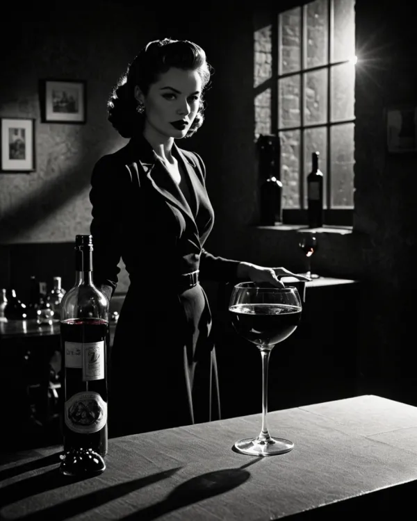 The image depicts a woman in vintage-style attire, standing in a dimly lit room, evoking a film noir mood. The compositi