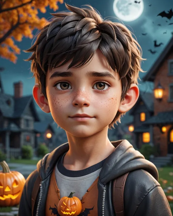The image features a digitally illustrated young boy with large brown eyes and tousled brown hair, standing out