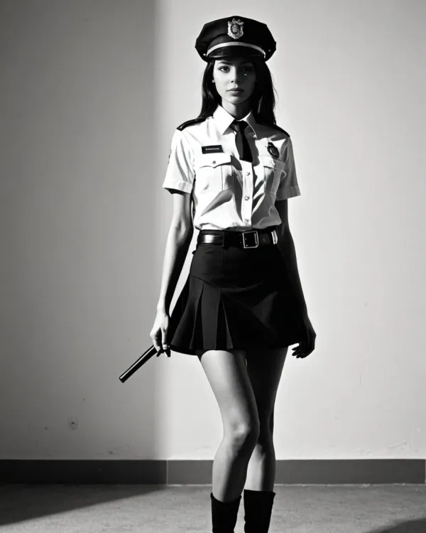 The image depicts a young woman dressed in a stylized police officer uniform, including a hat, short-sleeve button-up sh