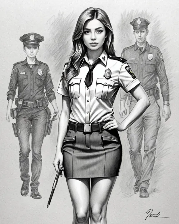 The image is a detailed black-and-white drawing featuring three police officers. The central figure is a young woman in
