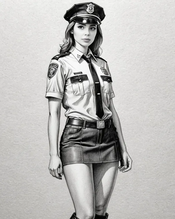 The image depicts a digitally rendered or highly detailed pencil-style drawing of a young woman dressed in a police offi