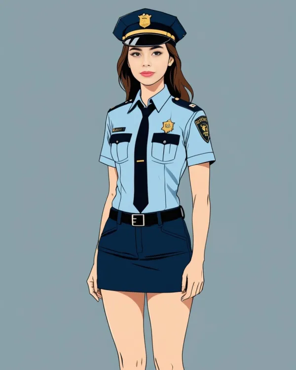 Subject: The image depicts a young woman dressed in a stylized police officer uniform consisting of a blue police shirt