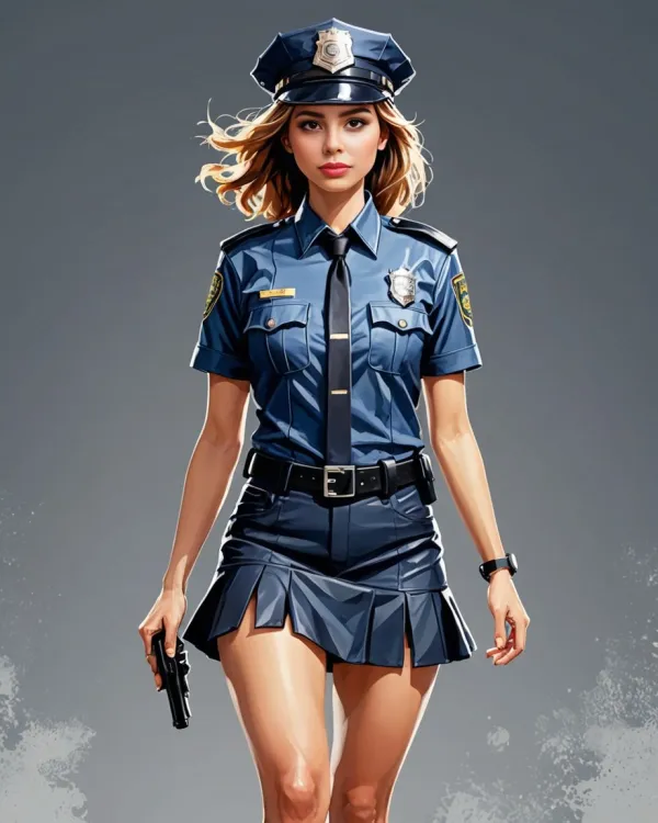 The image depicts a young woman dressed in a stylized police officer uniform, featuring a short-sleeved navy blue shirt