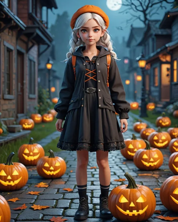 The image depicts a stylized young girl standing on a cobblestone street lined with glowing carved pumpkins, suggesting