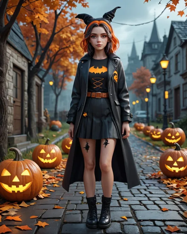 Subject: A young female character standing centered on a cobblestone street decorated for Halloween, dressed in a gothic
