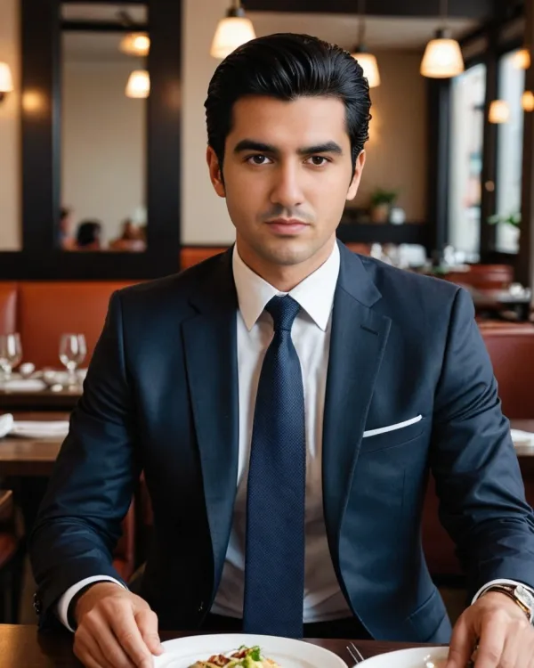 The image features a young man dressed formally in a dark blue suit, white shirt, and dark tie, seated at a restaurant t