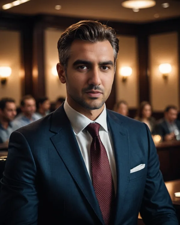 The image features a young man in formal attire, specifically a dark navy suit, white dress shirt, and a maroon