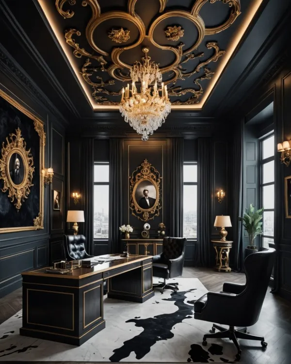 The image depicts an opulent office interior with a classical and luxurious style. The subject is a high-end office room