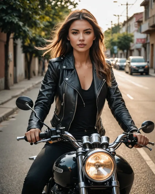 The image depicts a young woman riding a motorcycle on a city street during what appears to be late afternoon or early e