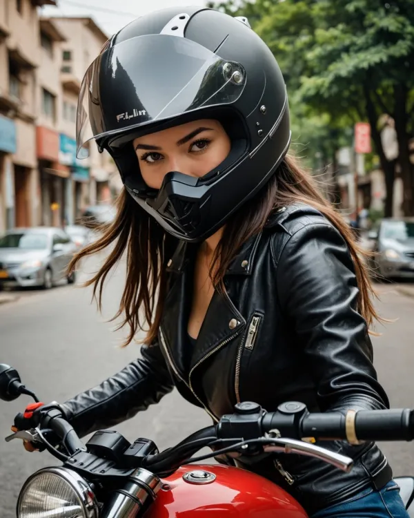 The image depicts a young woman wearing a full-face black motorcycle helmet and a black leather jacket, seated on a red