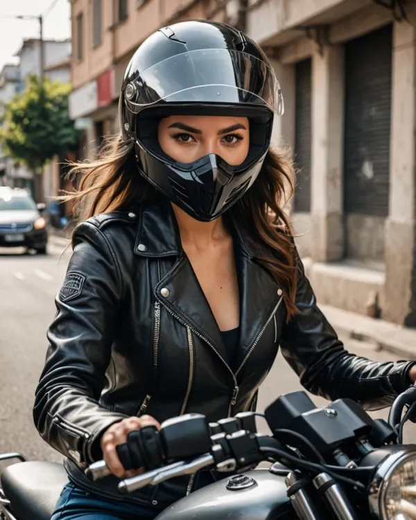 A young woman wearing a black leather jacket and a black motorcycle helmet riding a motorcycle on a city street